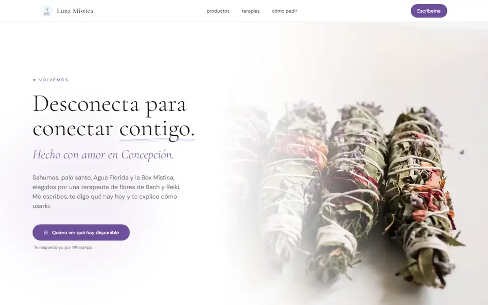 Demo de landing para Luna Mística: Sahumos y rituales, Concepción