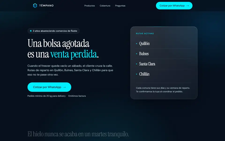 Demo de landing para Témpano: Hielo para comercios de Ñuble